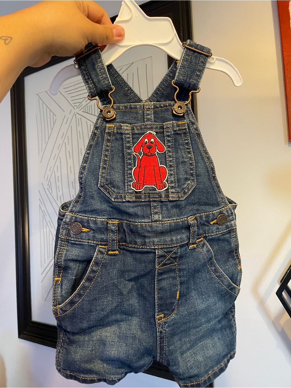 3/$30 Reworked Clifford GAP Blue Denim Short Overalls with Red Puppy Patch